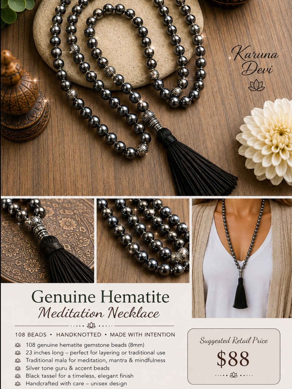 Black Hematite Genuine Stone, Beaded Meditation Necklace with Black Tassel